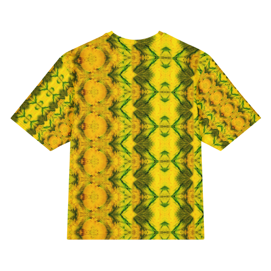 Back view of Purely Jade Light Cotton OverSized T-Shirt with yellow-gold jade print, large mirrored diamond panels, green veining, and round medallion columns by RJSTH.
