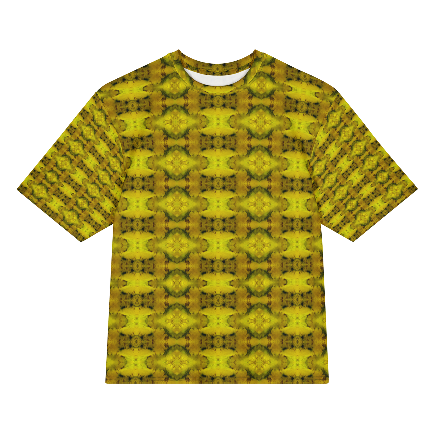 Front view of Purely Jade Light Cotton OverSized T-Shirt with yellow-gold jade medallion grid, green veining, and patterned sleeves by RJSTH.