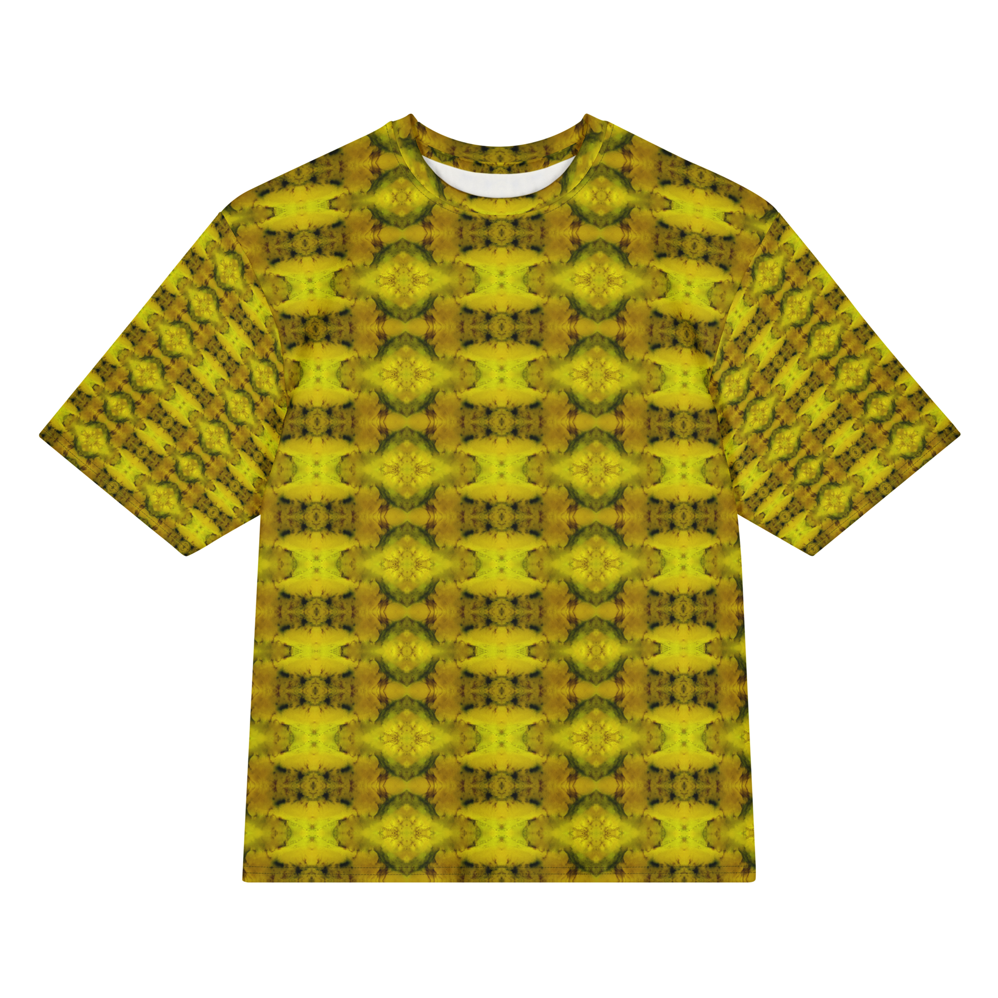 Front view of Purely Jade Light Cotton OverSized T-Shirt with yellow-gold jade medallion grid, green veining, and patterned sleeves by RJSTH.