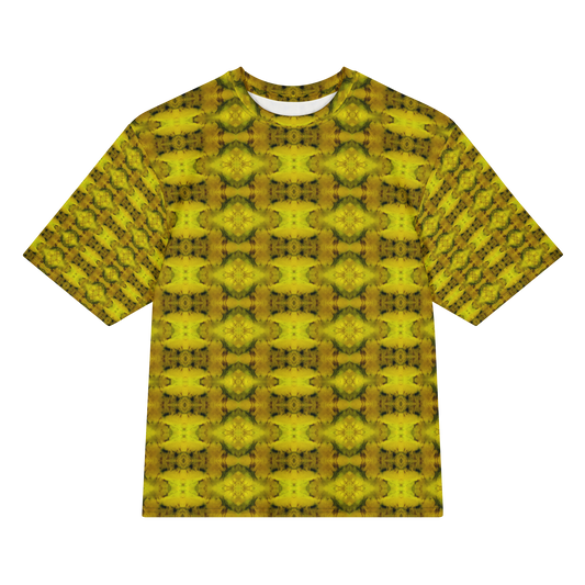 Front view of Purely Jade Light Cotton OverSized T-Shirt with yellow-gold jade medallion grid, green veining, and patterned sleeves by RJSTH.