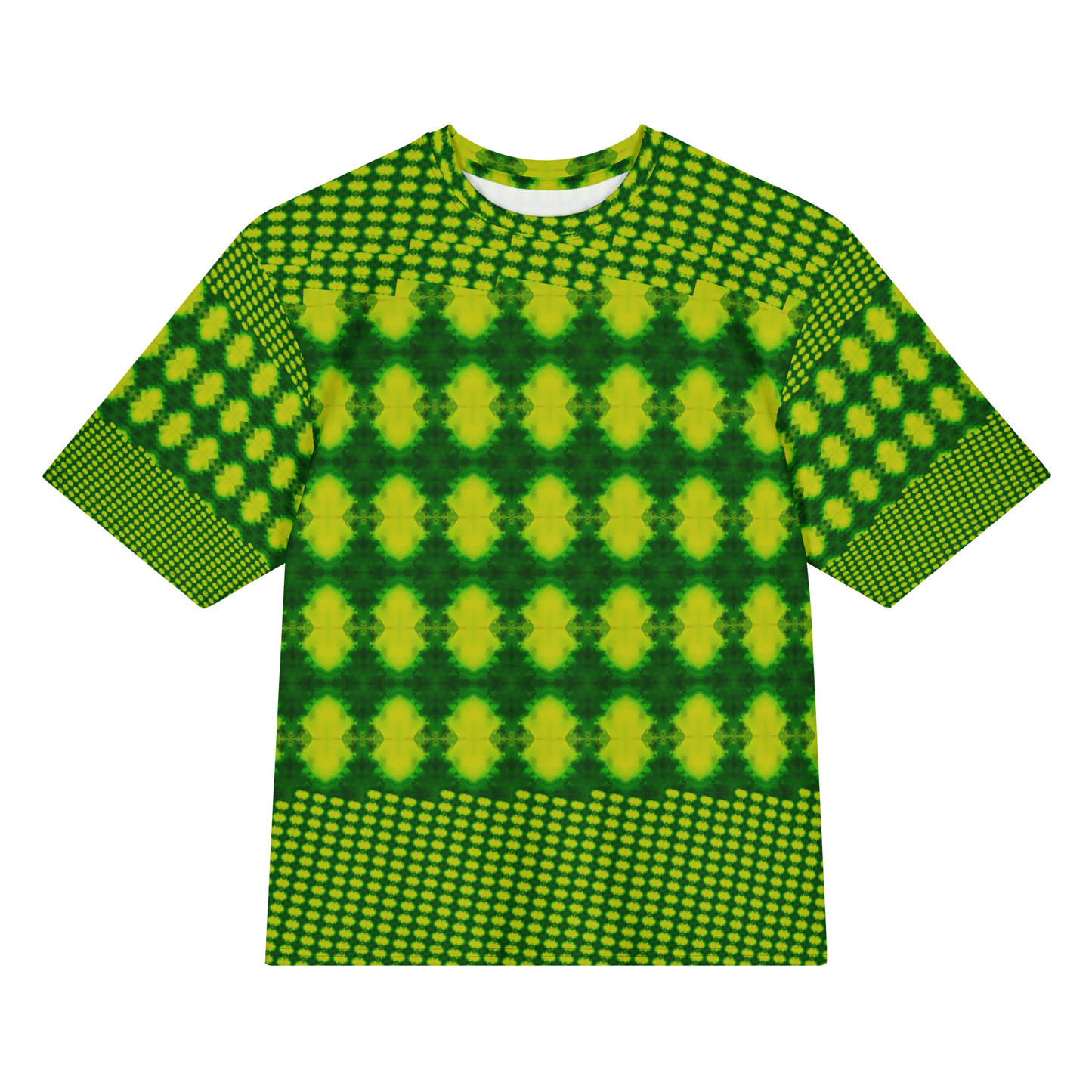 Front view of Purely Jade Light Cotton OverSized T-Shirt with bright green-and-yellow diamond rows, dotted bands, and patterned sleeves by RJSTH.