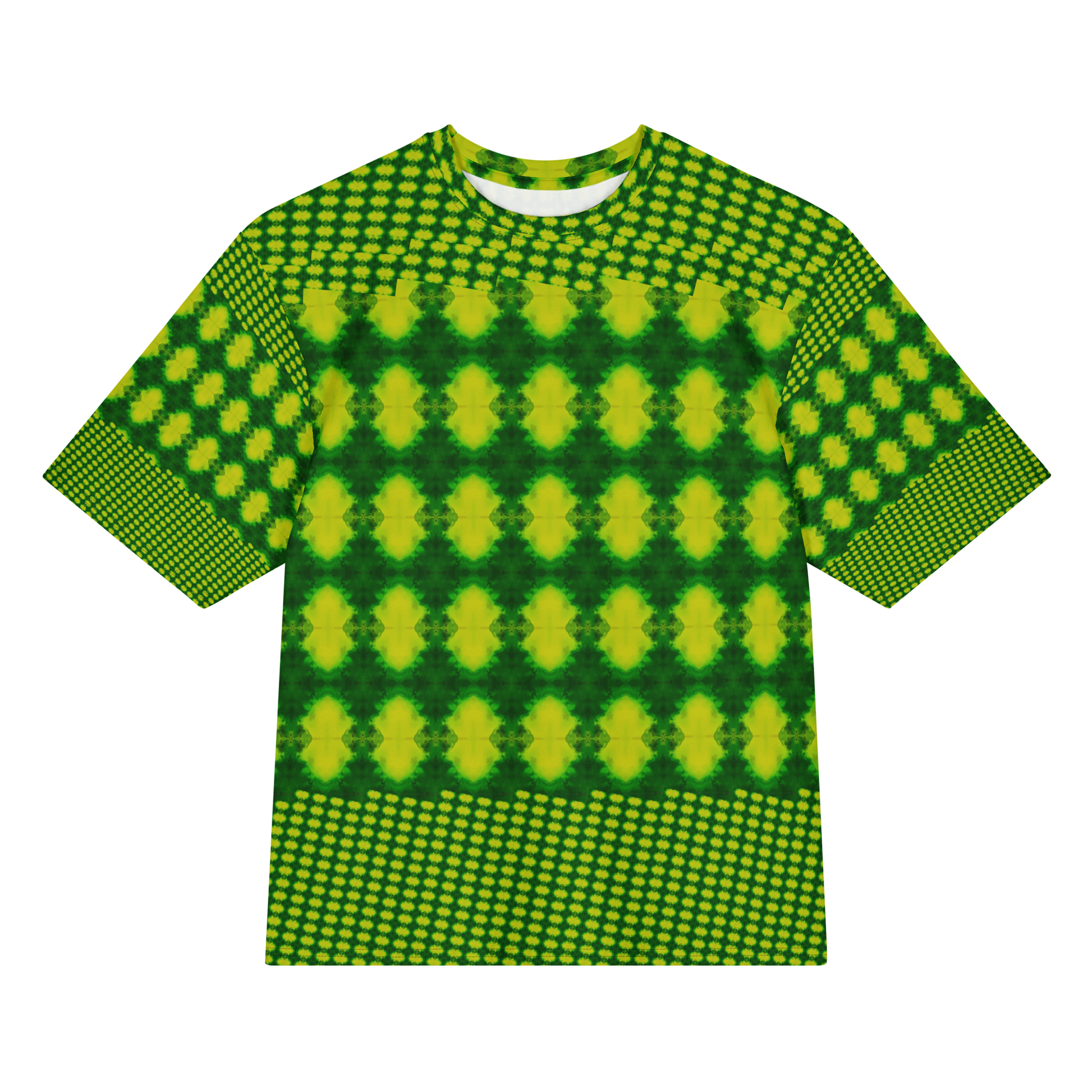 Front view of Purely Jade Light Cotton OverSized T-Shirt with bright green-and-yellow diamond rows, dotted bands, and patterned sleeves by RJSTH.