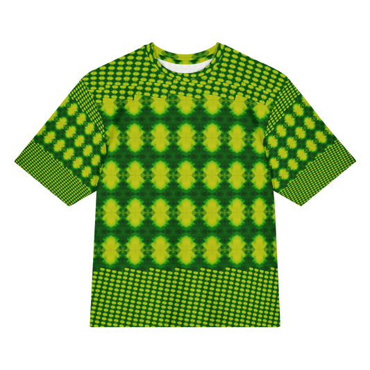 Front view of Purely Jade Light Cotton OverSized T-Shirt with bright green-and-yellow diamond rows, dotted bands, and patterned sleeves by RJSTH.