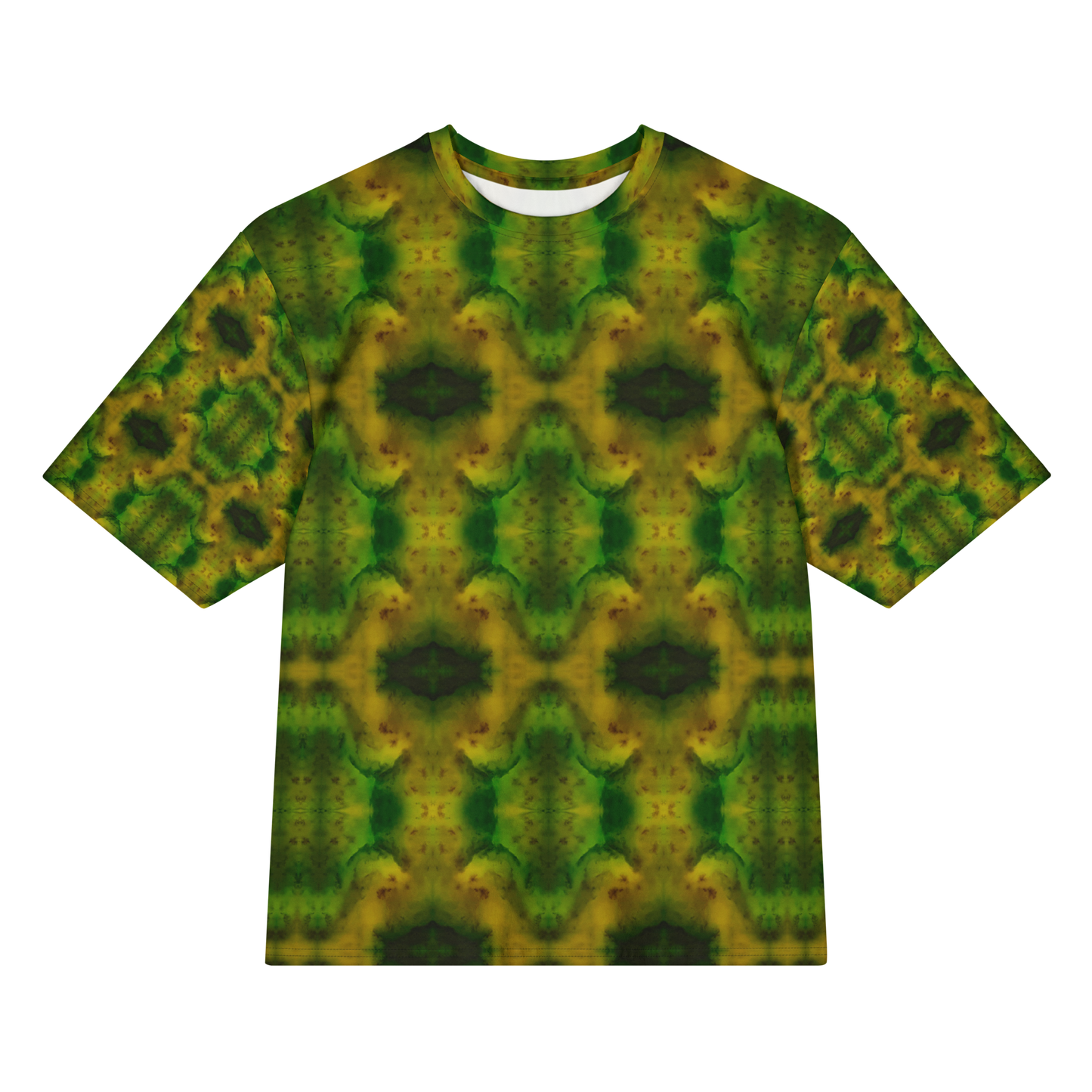 Front view of Purely Jade Light Cotton OverSized T-Shirt with green-gold jade chambers, dark-centered diamond medallions, and patterned sleeves by RJSTH.