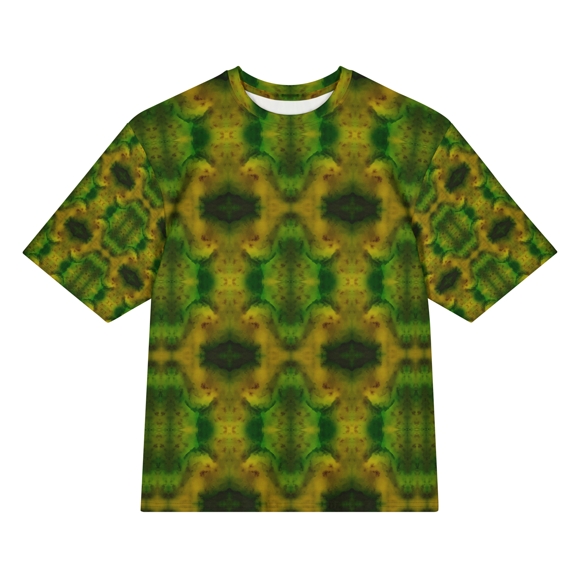 Front view of Purely Jade Light Cotton OverSized T-Shirt with green-gold jade chambers, dark-centered diamond medallions, and patterned sleeves by RJSTH.