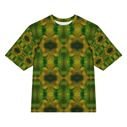 Front view of Purely Jade Light Cotton OverSized T-Shirt with green-gold jade chambers, dark-centered diamond medallions, and patterned sleeves by RJSTH.
