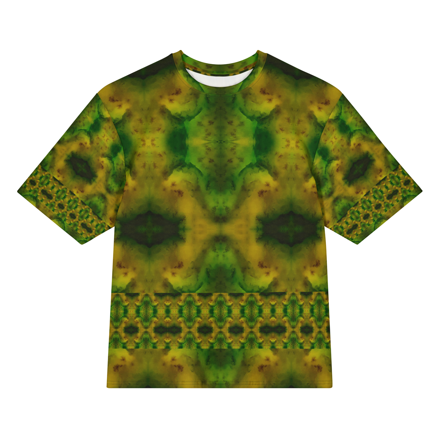 Front view of Purely Jade Light Cotton OverSized T-Shirt with green-gold jade chamber field, dark central shapes, and ornate lower band by RJSTH.