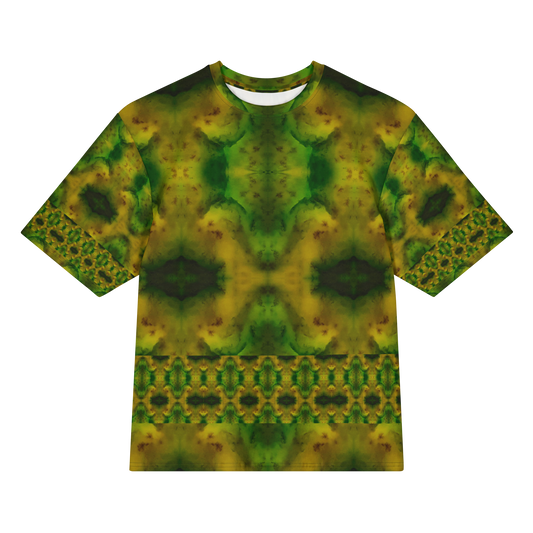 Front view of Purely Jade Light Cotton OverSized T-Shirt with green-gold jade chamber field, dark central shapes, and ornate lower band by RJSTH.