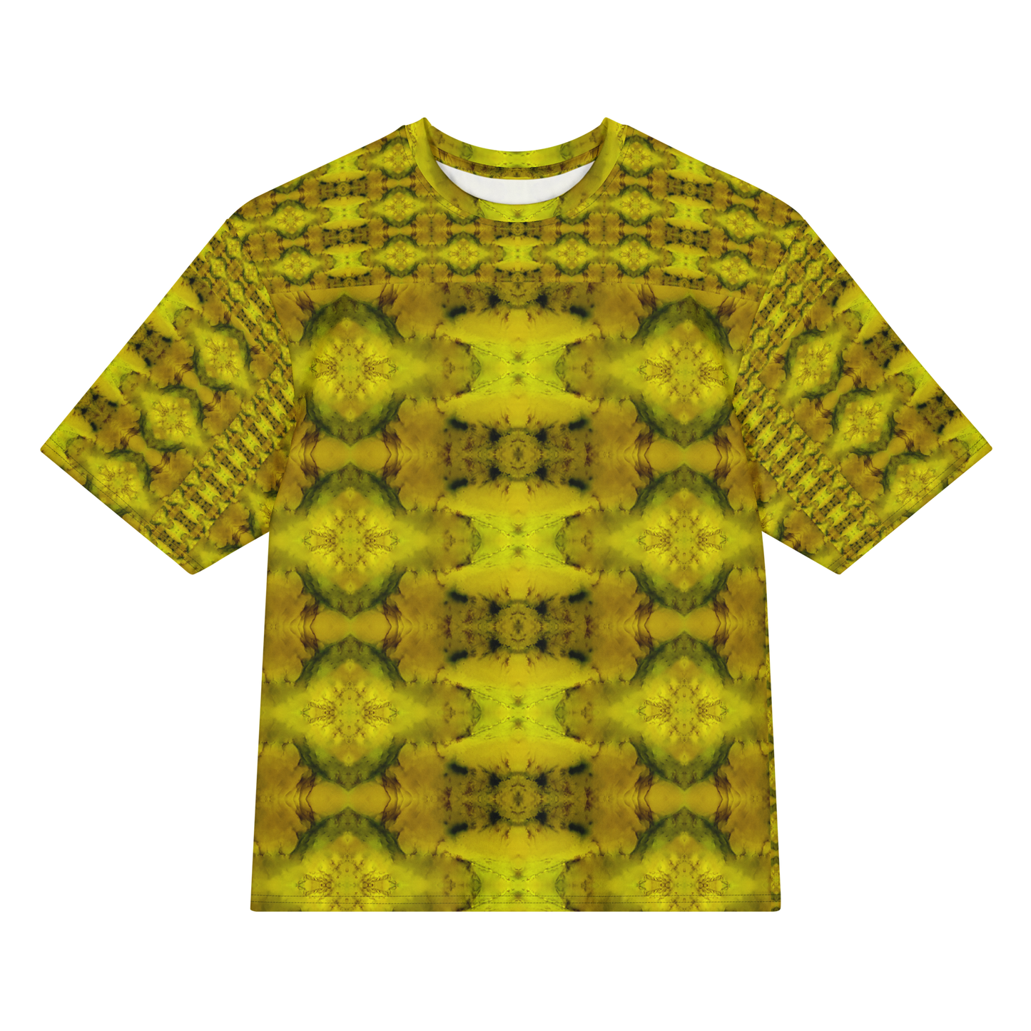 Front view of Purely Jade Light Cotton OverSized T-Shirt with yellow-gold jade print, large mirrored diamond medallions, and patterned sleeves by RJSTH.