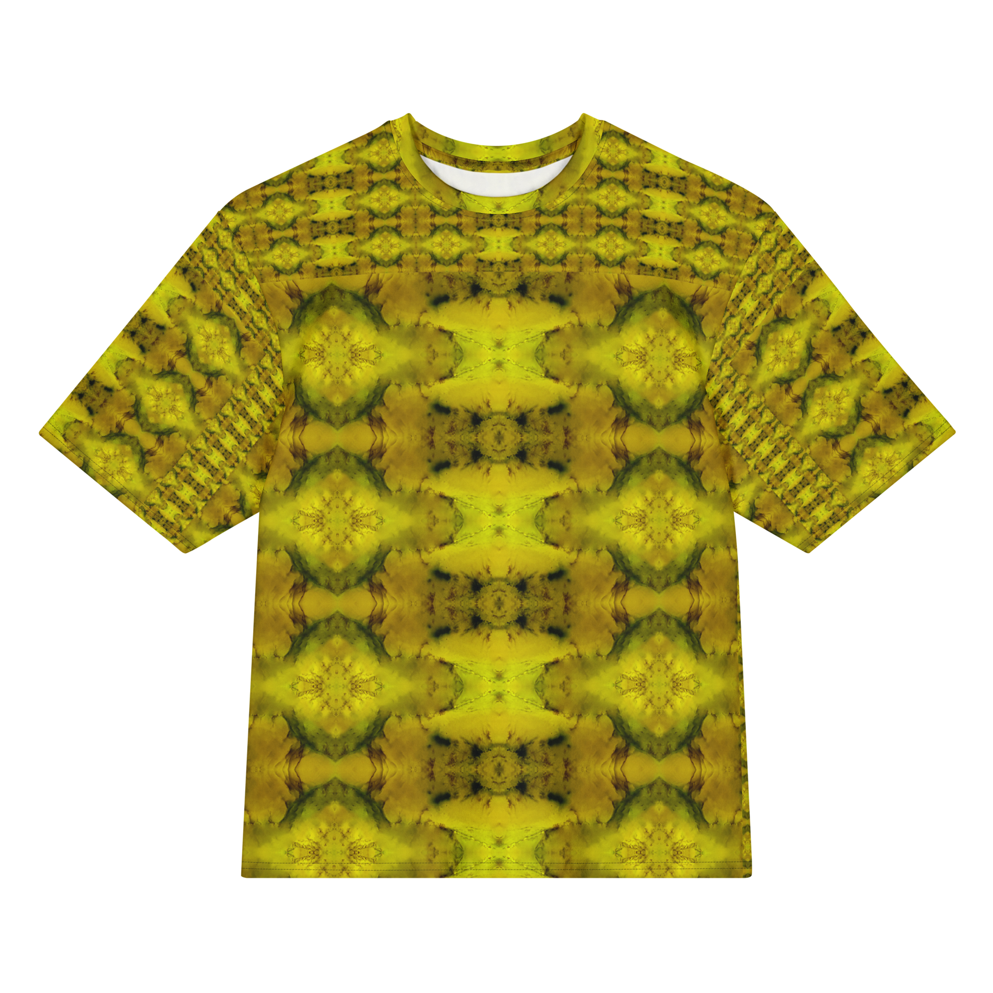 Front view of Purely Jade Light Cotton OverSized T-Shirt with yellow-gold jade print, large mirrored diamond medallions, and patterned sleeves by RJSTH.