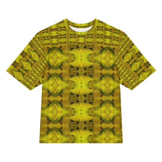 Front view of Purely Jade Light Cotton OverSized T-Shirt with yellow-gold jade print, large mirrored diamond medallions, and patterned sleeves by RJSTH.