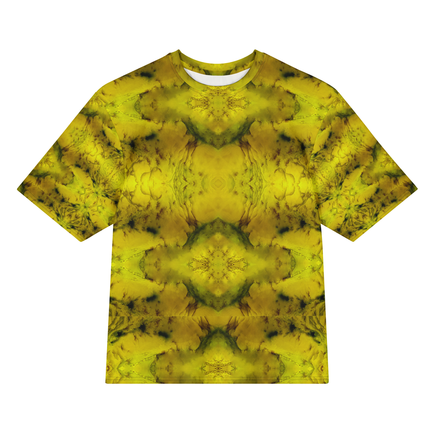 Front view of Purely Jade Light Cotton OverSized T-Shirt with bright yellow jade chambers, moss-green veining, and large mirrored medallions by RJSTH.