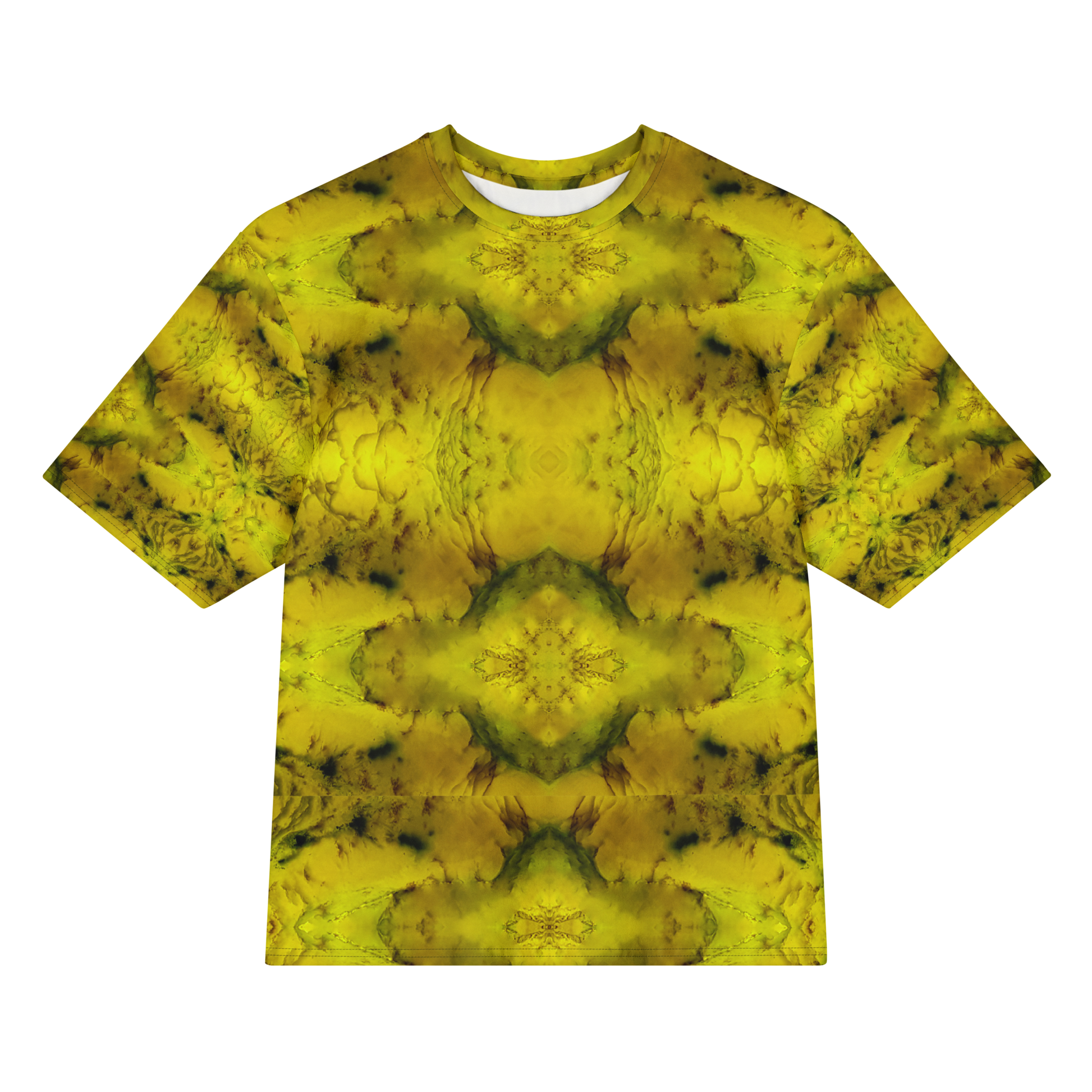 Front view of Purely Jade Light Cotton OverSized T-Shirt with bright yellow jade chambers, moss-green veining, and large mirrored medallions by RJSTH.