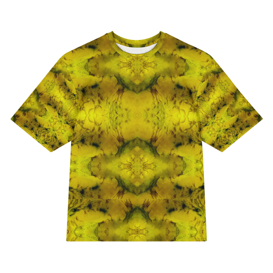 Front view of Purely Jade Light Cotton OverSized T-Shirt with bright yellow jade chambers, moss-green veining, and large mirrored medallions by RJSTH.