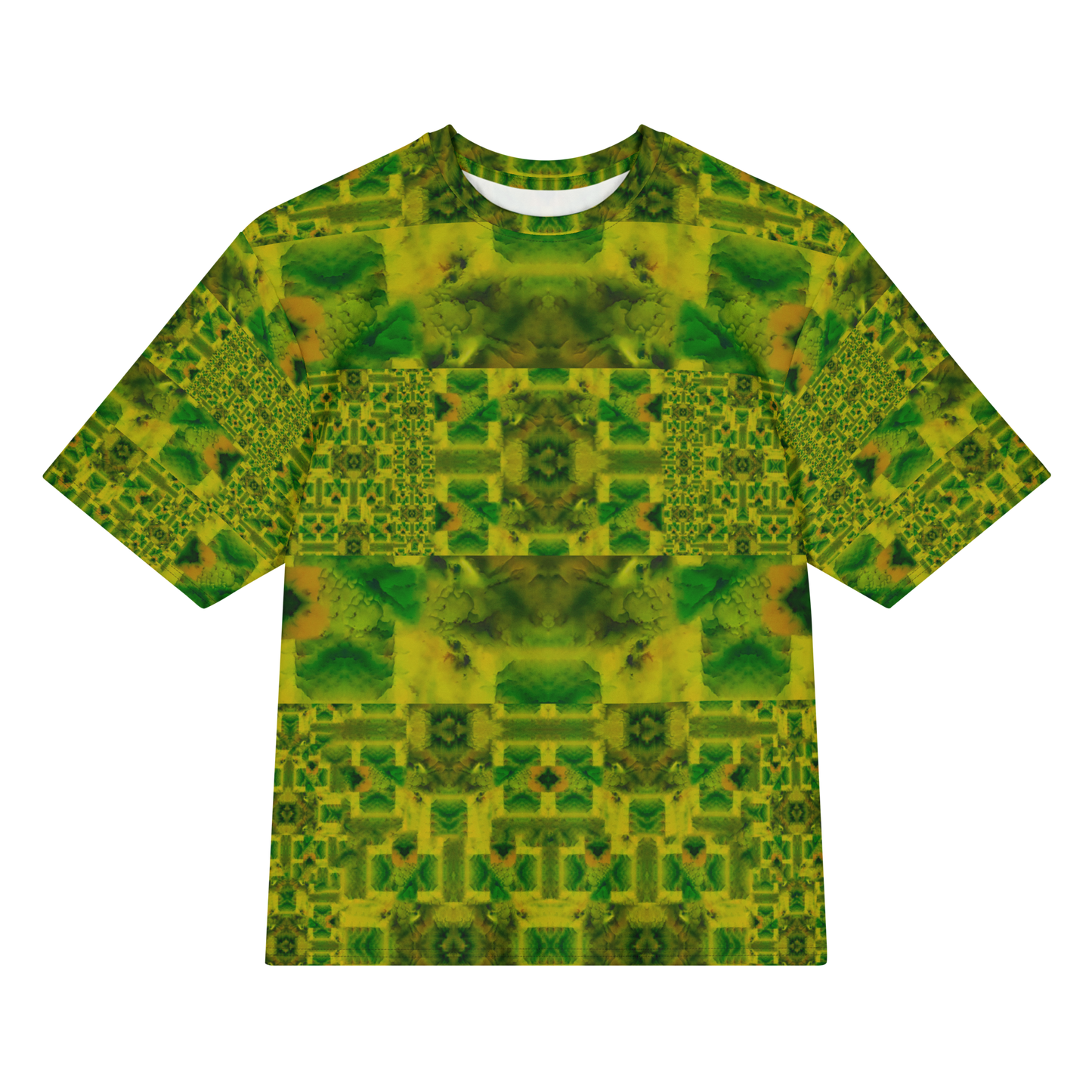 Front view of Purely Jade Light Cotton OverSized T-Shirt with green-and-gold blocky jade panels, square lattice sleeves, and horizontal banding by RJSTH.