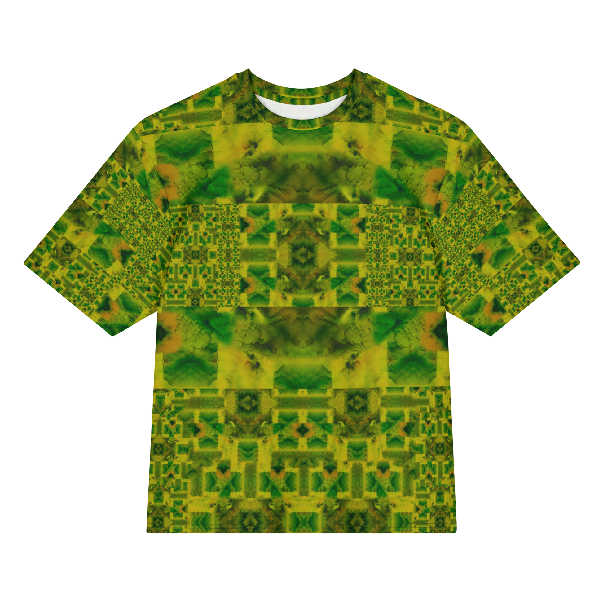 Front view of Purely Jade Light Cotton OverSized T-Shirt with green-and-gold blocky jade panels, square lattice sleeves, and horizontal banding by RJSTH.
