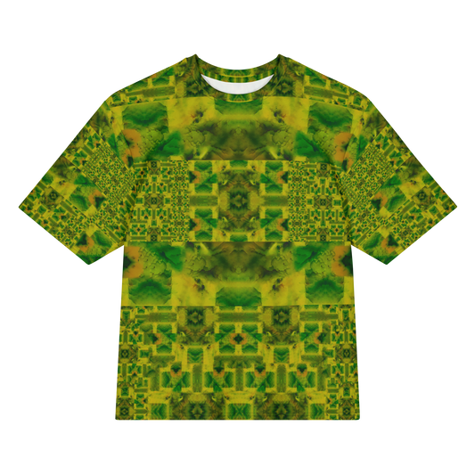 Front view of Purely Jade Light Cotton OverSized T-Shirt with green-and-gold blocky jade panels, square lattice sleeves, and horizontal banding by RJSTH.