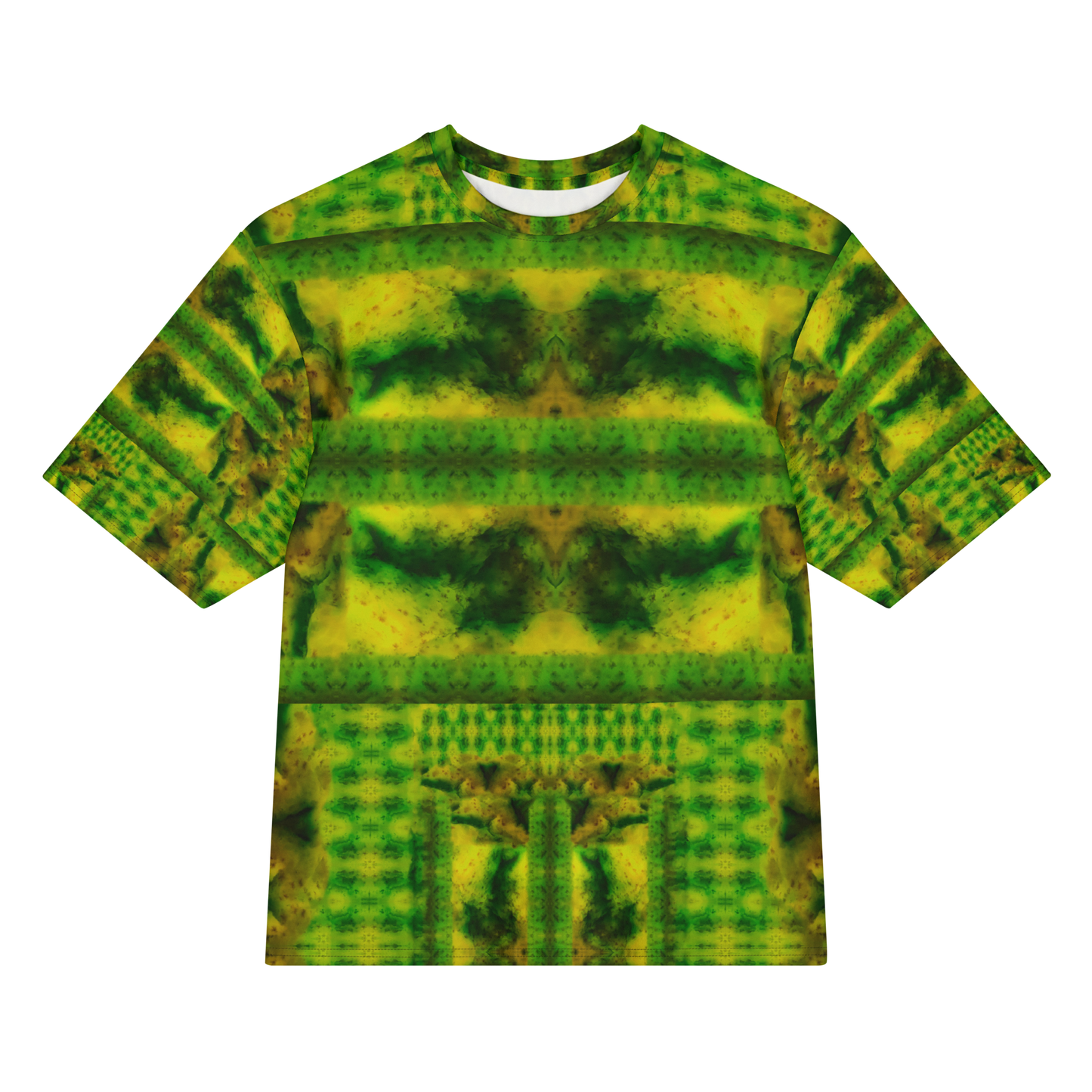 Front view of Purely Jade Light Cotton OverSized T-Shirt with green-gold horizontal jade chamber bands, dark central shapes, and striped sleeve panels, and patterned sleeves by RJSTH.
