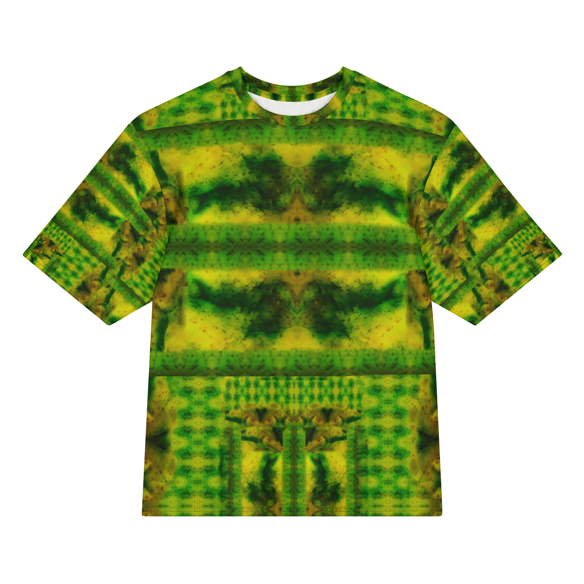 Front view of Purely Jade Light Cotton OverSized T-Shirt with green-gold horizontal jade chamber bands, dark central shapes, and striped sleeve panels, and patterned sleeves by RJSTH.