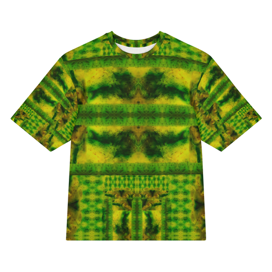 Front view of Purely Jade Light Cotton OverSized T-Shirt with green-gold horizontal jade chamber bands, dark central shapes, and striped sleeve panels, and patterned sleeves by RJSTH.