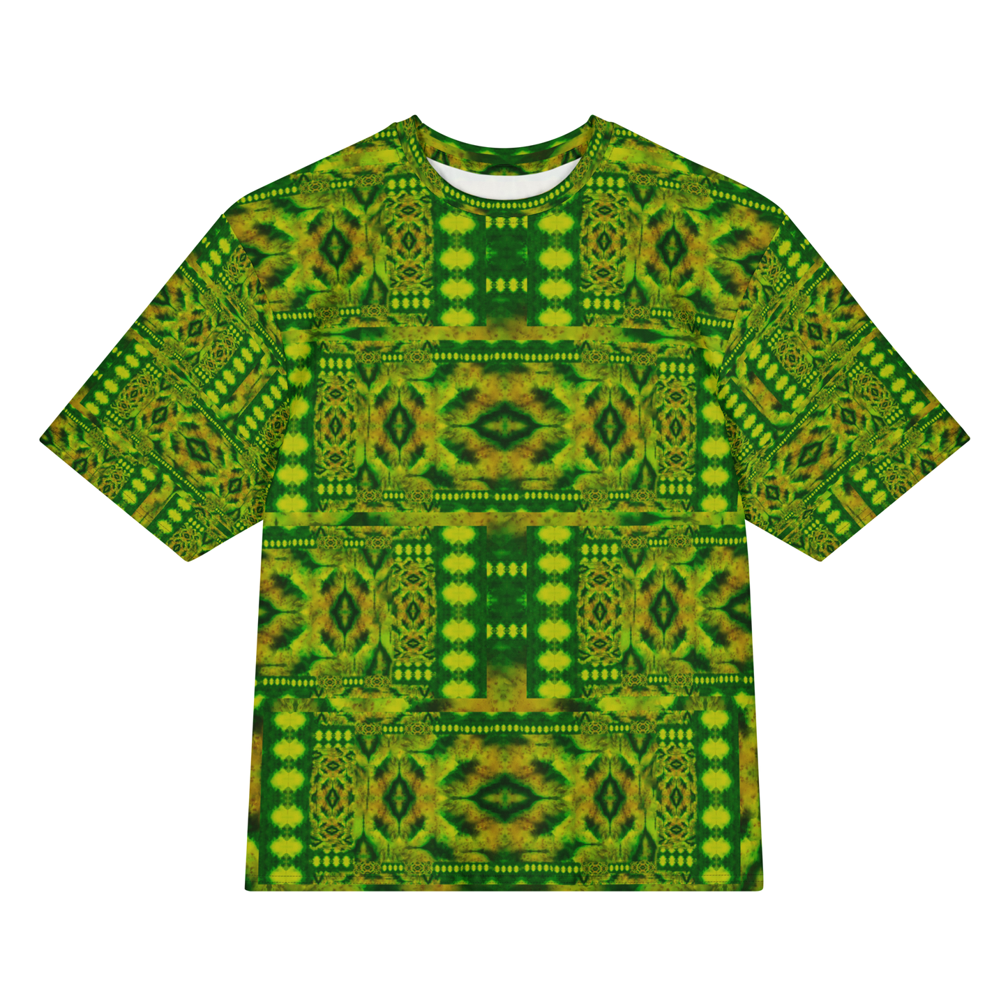 Front view of Purely Jade Light Cotton OverSized T-Shirt with green-yellow lattice blocks, vertical medallion panels, and dotted horizontal bands, and patterned sleeves by RJSTH.