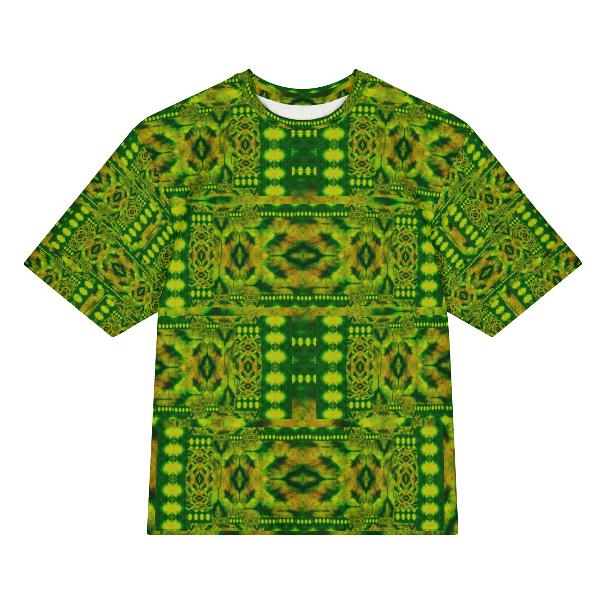 Front view of Purely Jade Light Cotton OverSized T-Shirt with green-yellow lattice blocks, vertical medallion panels, and dotted horizontal bands, and patterned sleeves by RJSTH.