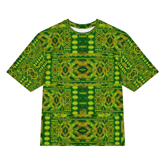 Front view of Purely Jade Light Cotton OverSized T-Shirt with green-yellow lattice blocks, vertical medallion panels, and dotted horizontal bands, and patterned sleeves by RJSTH.