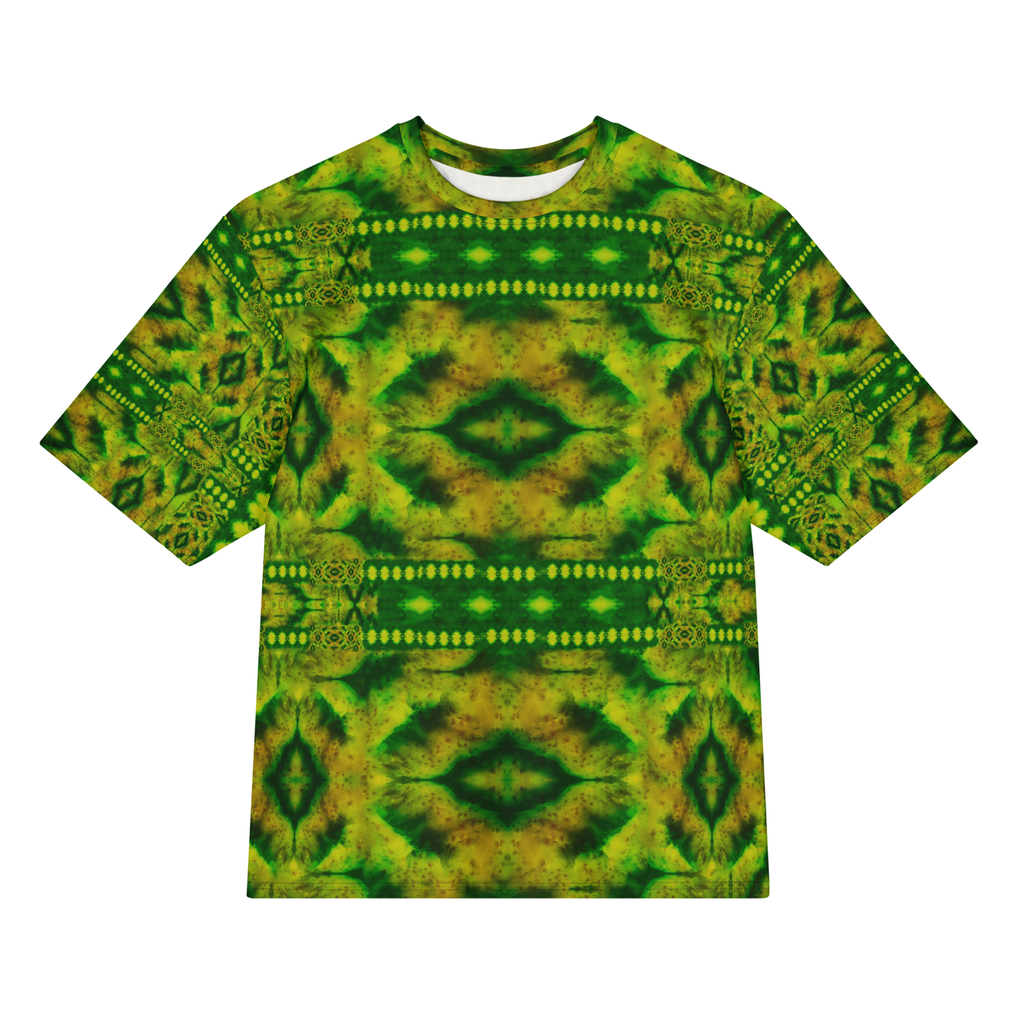 Front view of Purely Jade Light Cotton OverSized T-Shirt with green-yellow jade field, dark mirrored center panels, dotted bands by RJSTH.