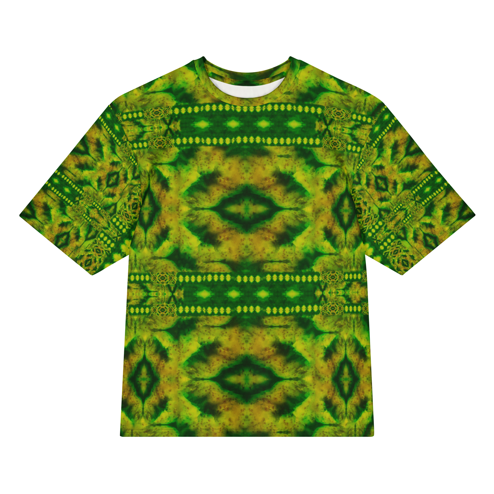 Front view of Purely Jade Light Cotton OverSized T-Shirt with green-yellow jade field, dark mirrored center panels, dotted bands by RJSTH.