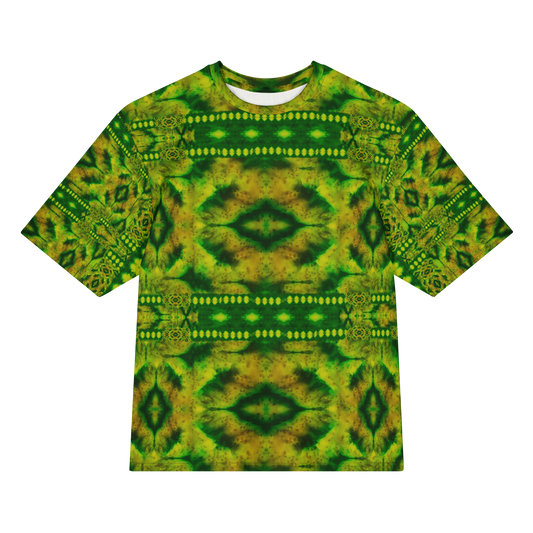 Front view of Purely Jade Light Cotton OverSized T-Shirt with green-yellow jade field, dark mirrored center panels, dotted bands by RJSTH.