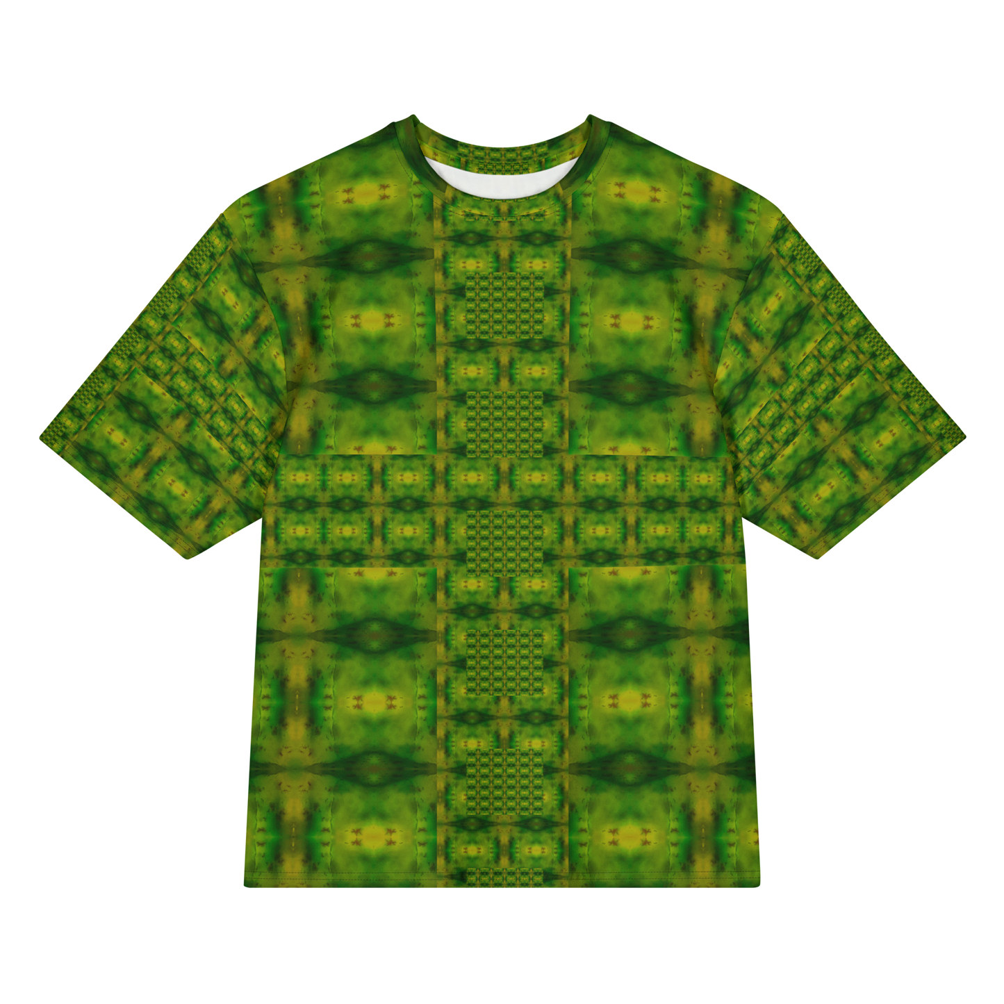 Front view of Purely Jade Light Cotton OverSized T-Shirt with green-dominant grid panels, central lattice column, and patterned sleeves by RJSTH.