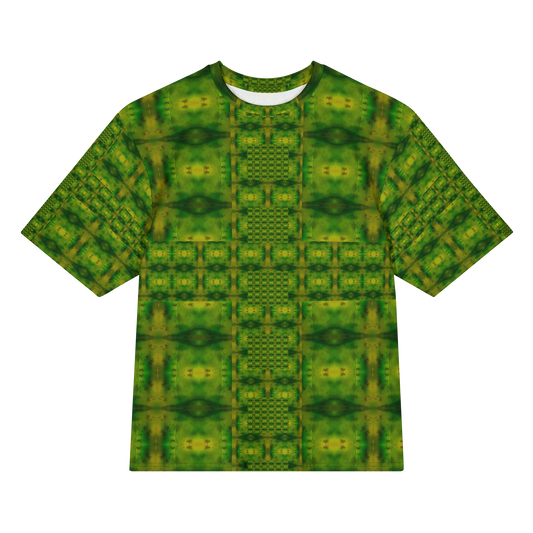 Front view of Purely Jade Light Cotton OverSized T-Shirt with green-dominant grid panels, central lattice column, and patterned sleeves by RJSTH.