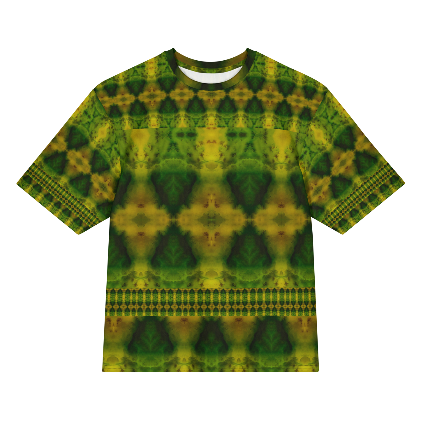 Front view of Purely Jade Light Cotton OverSized T-Shirt with green-yellow mirrored diamond fields, horizontal dotted bands, and patterned sleeves by RJSTH.