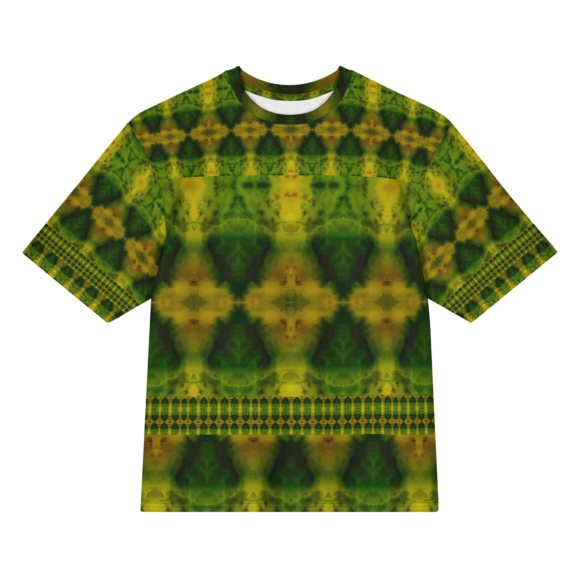 Front view of Purely Jade Light Cotton OverSized T-Shirt with green-yellow mirrored diamond fields, horizontal dotted bands, and patterned sleeves by RJSTH.