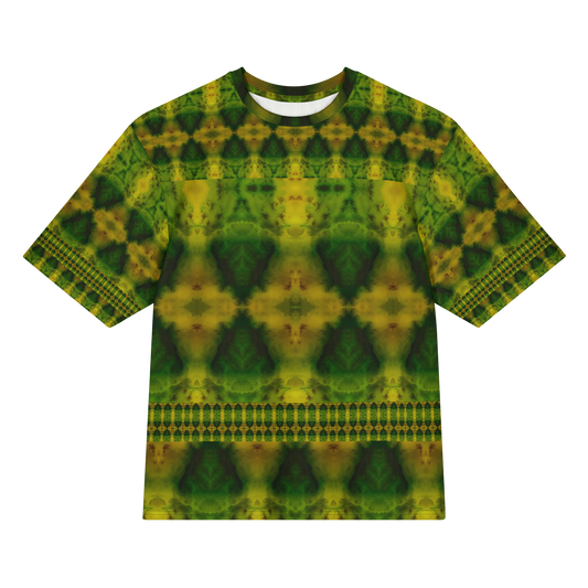 Front view of Purely Jade Light Cotton OverSized T-Shirt with green-yellow mirrored diamond fields, horizontal dotted bands, and patterned sleeves by RJSTH.
