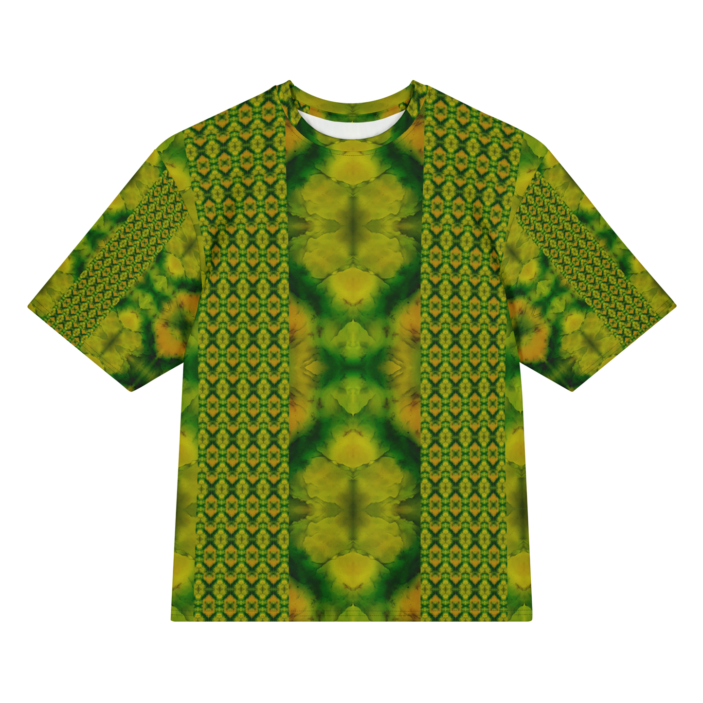 Front view of Purely Jade Light Cotton OverSized T-Shirt with vertical patterned lattice columns, soft central jade plume field, and patterned sleeves by RJSTH.