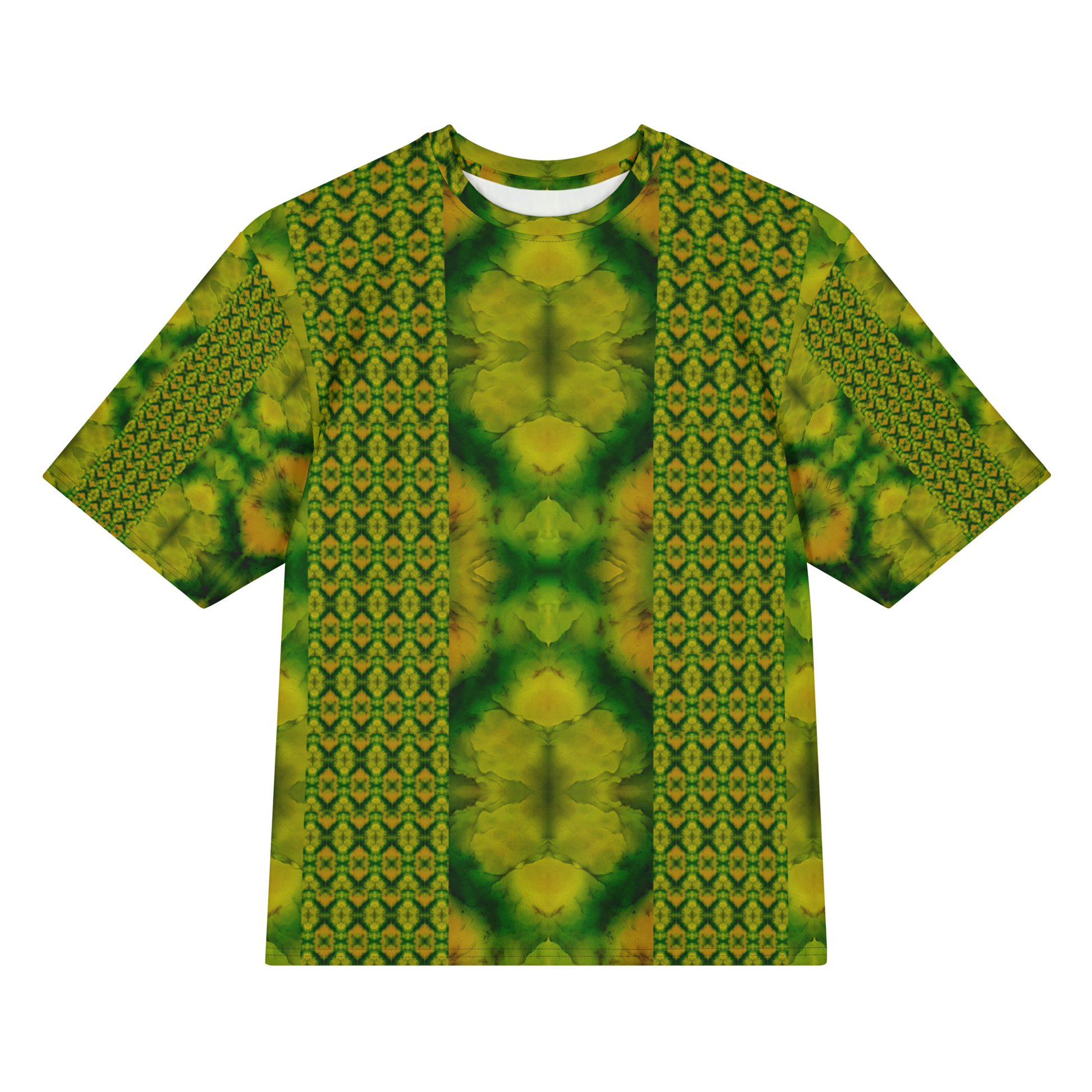 Front view of Purely Jade Light Cotton OverSized T-Shirt with vertical patterned lattice columns, soft central jade plume field, and patterned sleeves by RJSTH.