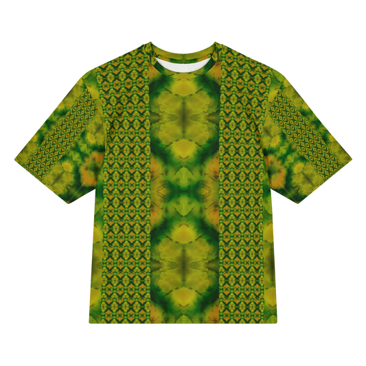 Front view of Purely Jade Light Cotton OverSized T-Shirt with vertical patterned lattice columns, soft central jade plume field, and patterned sleeves by RJSTH.