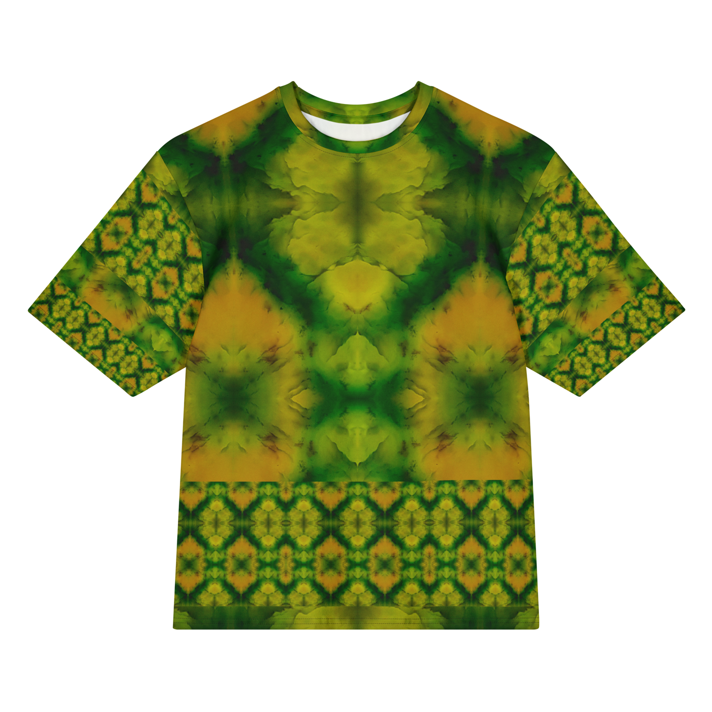 Front view of Purely Jade Light Cotton OverSized T-Shirt with green-yellow mirrored plume field, lower diamond lattice band, and patterned sleeves by RJSTH.