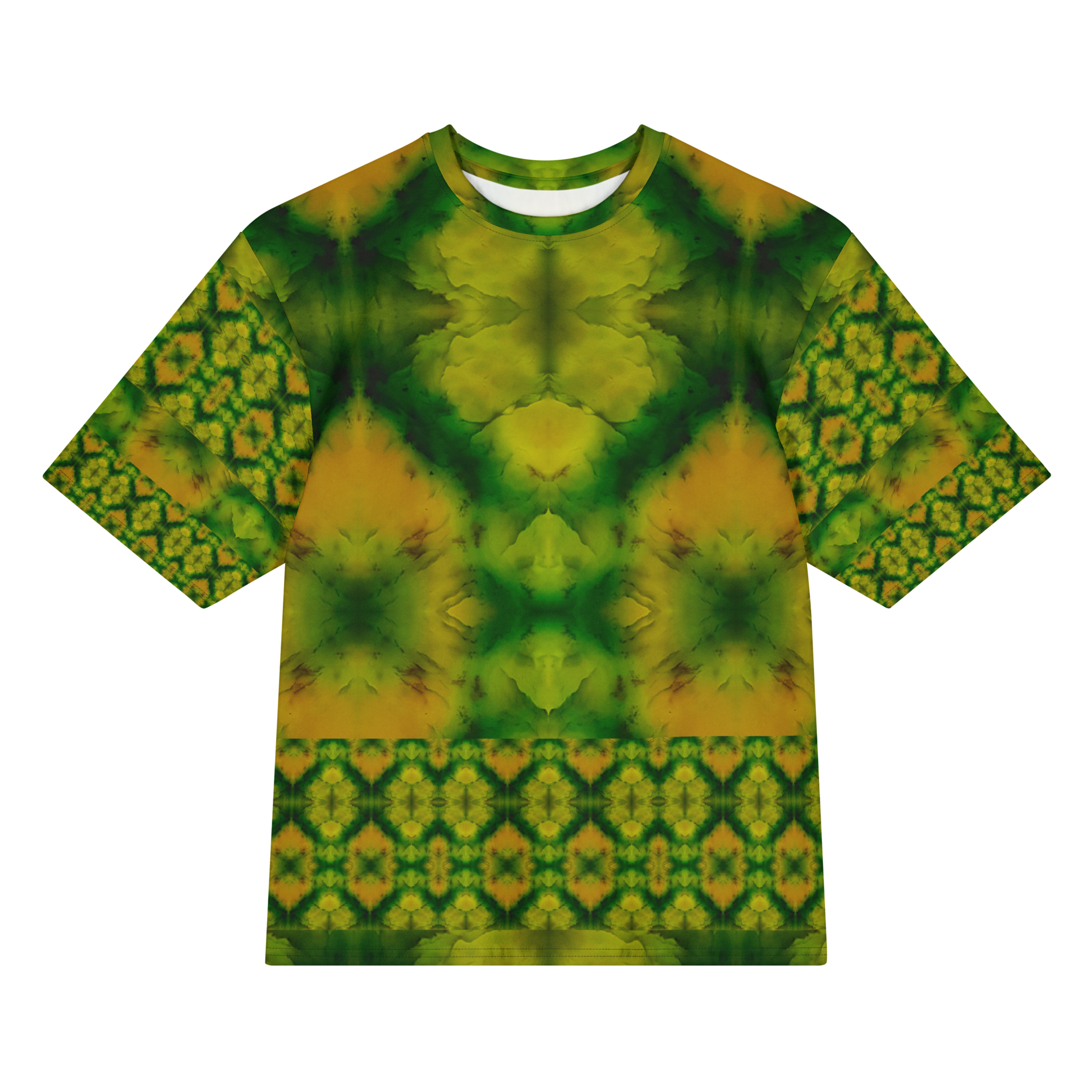 Front view of Purely Jade Light Cotton OverSized T-Shirt with green-yellow mirrored plume field, lower diamond lattice band, and patterned sleeves by RJSTH.