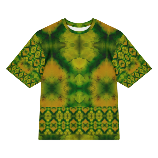 Front view of Purely Jade Light Cotton OverSized T-Shirt with green-yellow mirrored plume field, lower diamond lattice band, and patterned sleeves by RJSTH.