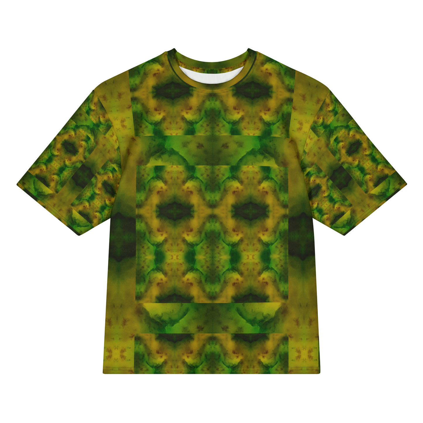 Front view of Purely Jade Light Cotton OverSized T-Shirt with green-gold chambered panel, darker centered jade forms, and patterned sleeves by RJSTH.
