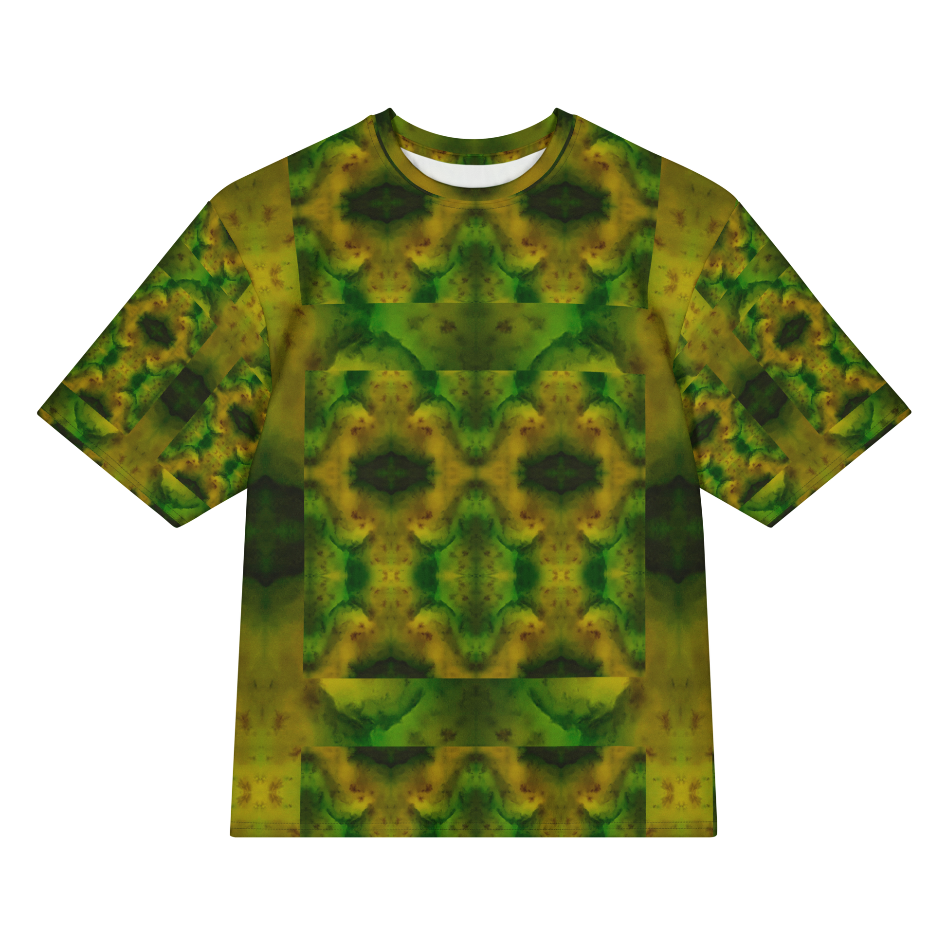 Front view of Purely Jade Light Cotton OverSized T-Shirt with green-gold chambered panel, darker centered jade forms, and patterned sleeves by RJSTH.