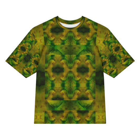 Front view of Purely Jade Light Cotton OverSized T-Shirt with green-gold chambered panel, darker centered jade forms, and patterned sleeves by RJSTH.