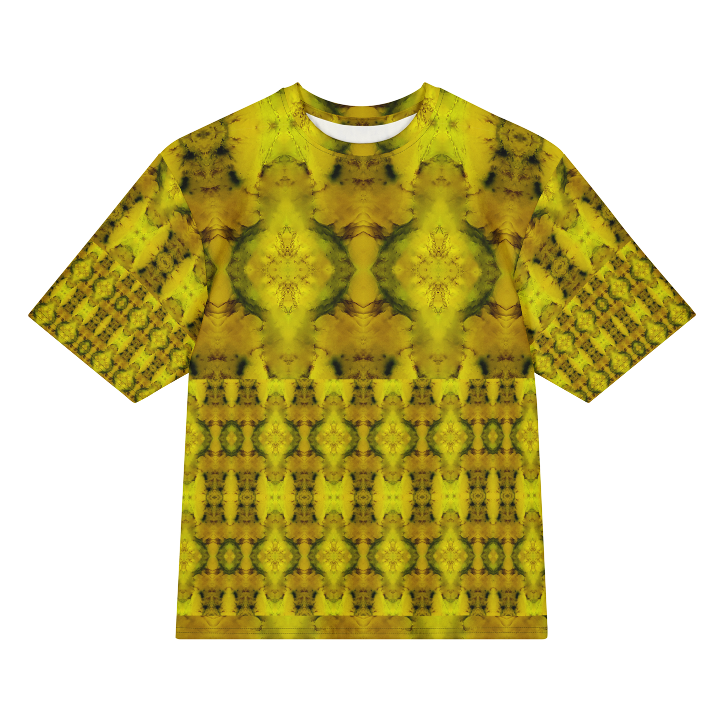 Front view of Purely Jade Light Cotton OverSized T-Shirt with yellow-gold jade medallion field, lower lattice band, and patterned sleeves by RJSTH.