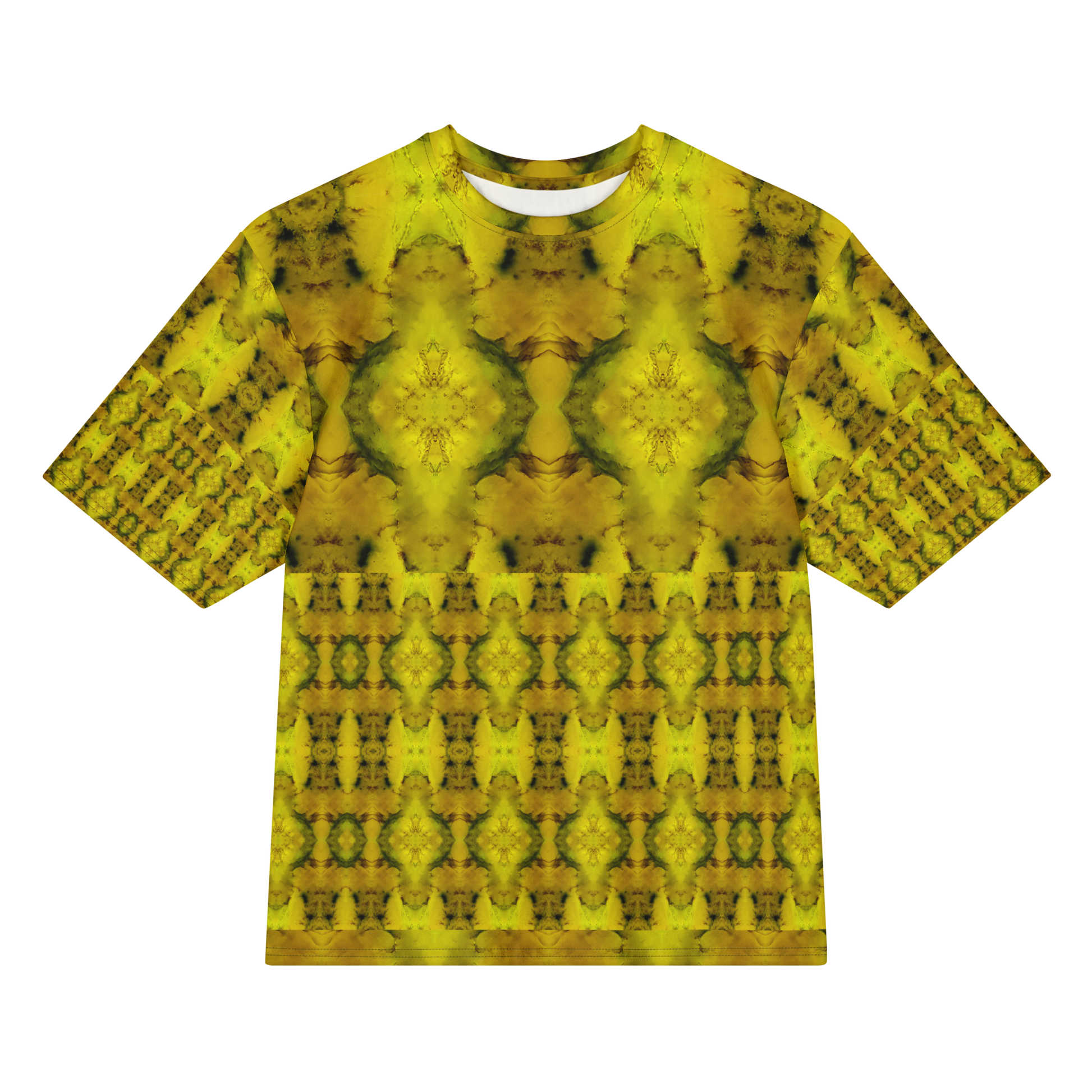 Front view of Purely Jade Light Cotton OverSized T-Shirt with yellow-gold jade medallion field, lower lattice band, and patterned sleeves by RJSTH.