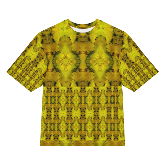 Front view of Purely Jade Light Cotton OverSized T-Shirt with yellow-gold jade medallion field, lower lattice band, and patterned sleeves by RJSTH.