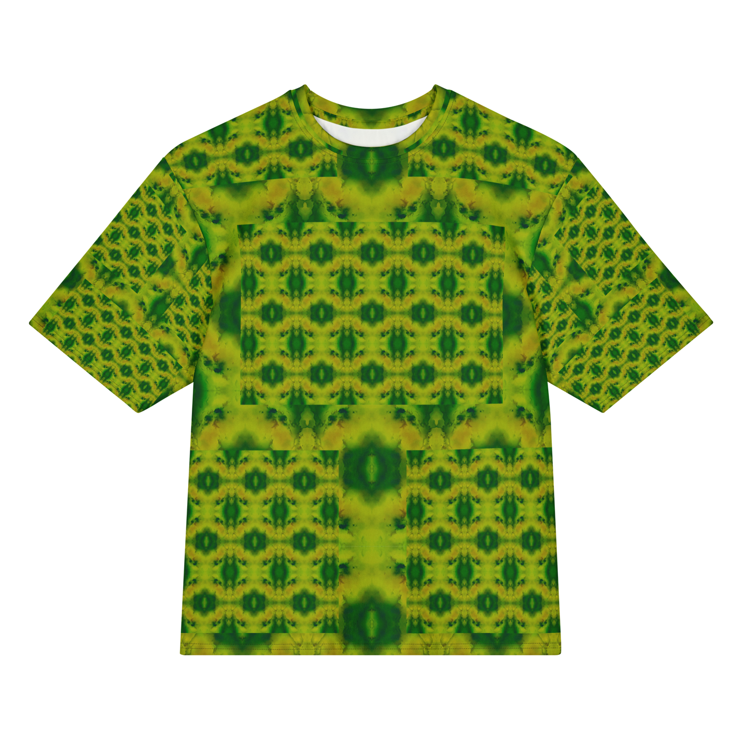 Front view of Purely Jade Light Cotton OverSized T-Shirt with yellow-green medallion grid, central dark jade accents, and patterned sleeves by RJSTH.