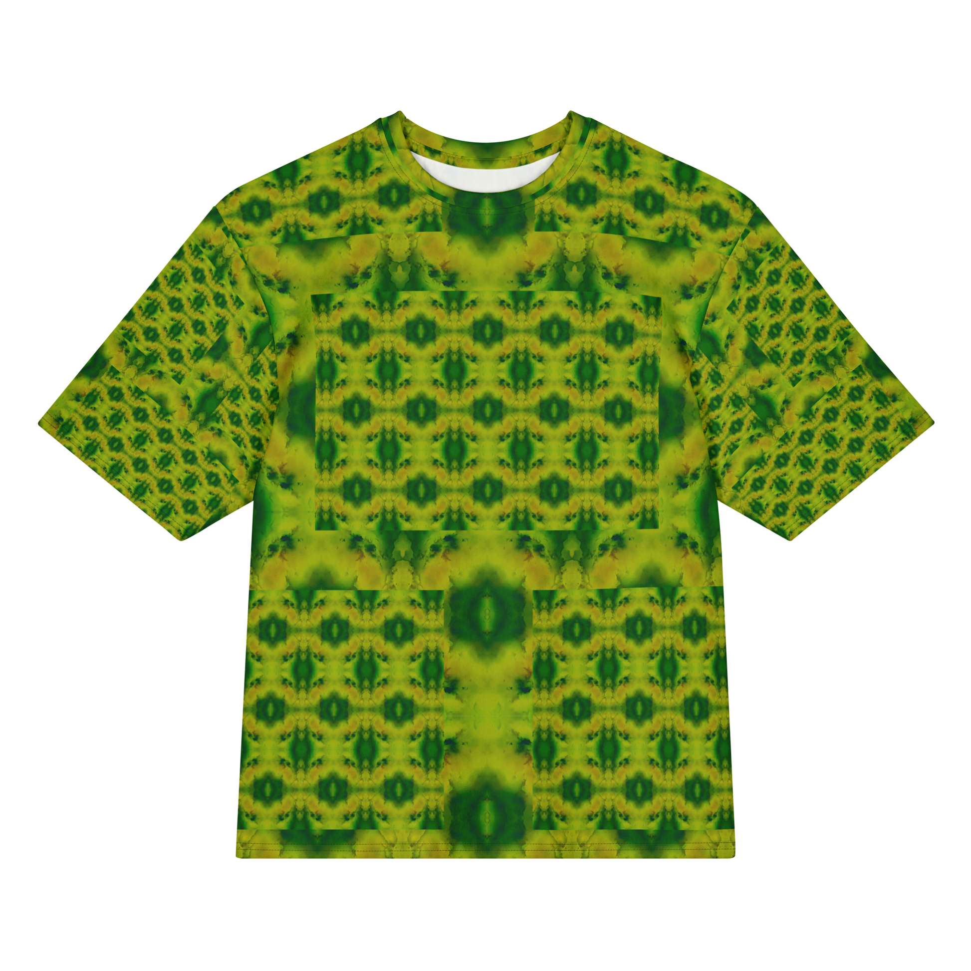 Front view of Purely Jade Light Cotton OverSized T-Shirt with yellow-green medallion grid, central dark jade accents, and patterned sleeves by RJSTH.