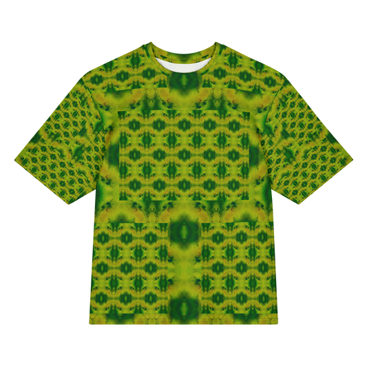 Front view of Purely Jade Light Cotton OverSized T-Shirt with yellow-green medallion grid, central dark jade accents, and patterned sleeves by RJSTH.
